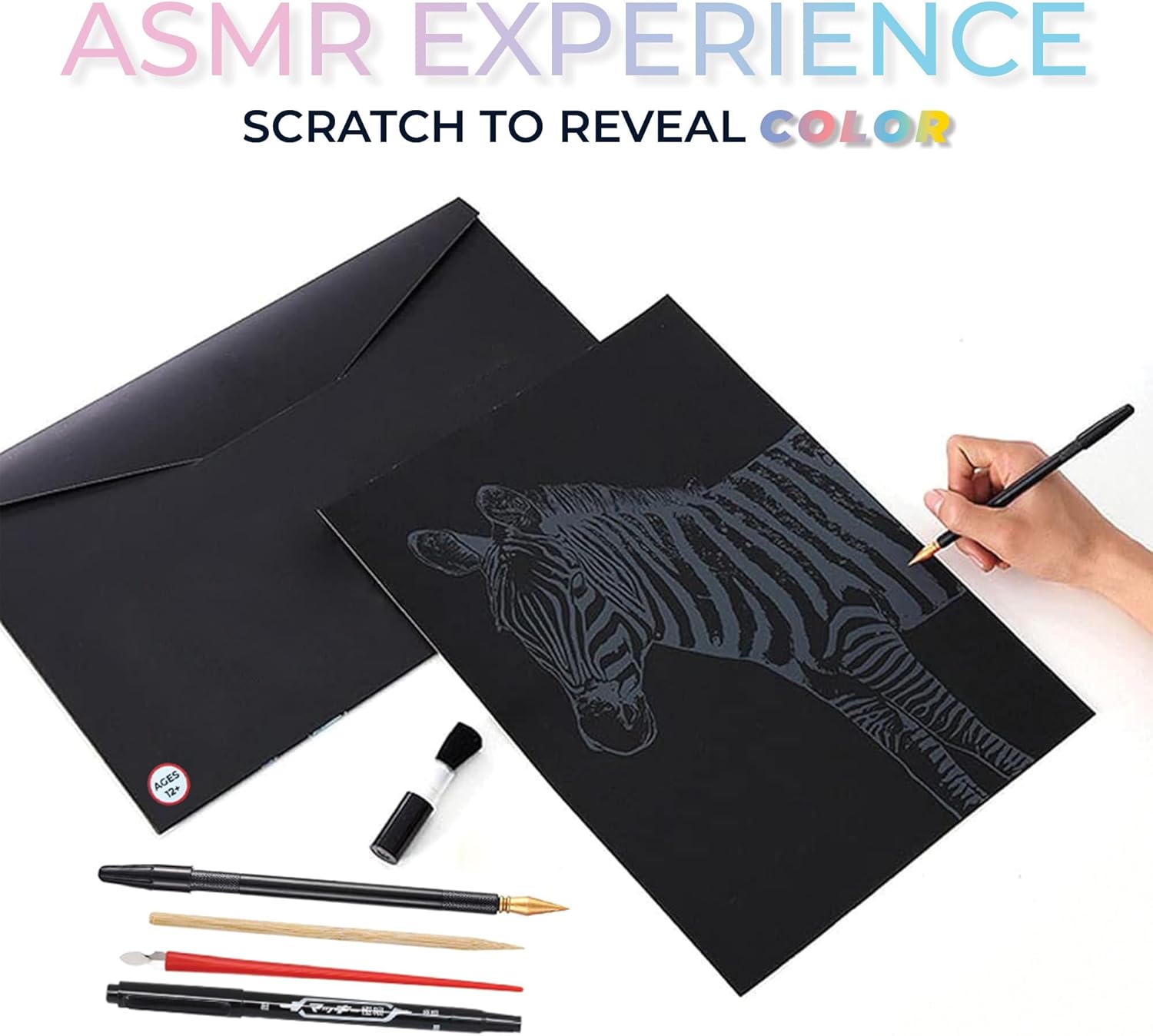 ASMR Scratch Art Set (Satisfying) - Animal 4 Pack & Toolkit Art Supplies (Zebra, Lion, Elephant, Deer) Repair Pen - Large Canvas 16x11 inches (Relaxing)