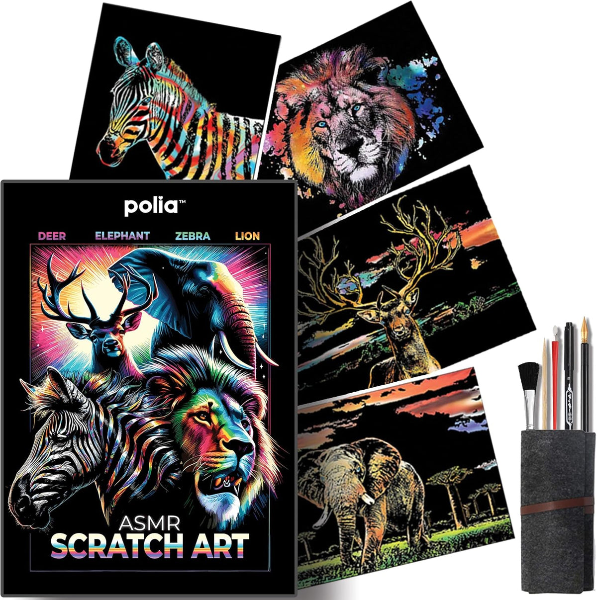 ASMR Scratch Art Set (Satisfying) - Animal 4 Pack & Toolkit Art Supplies (Zebra, Lion, Elephant, Deer) Repair Pen - Large Canvas 16x11 inches (Relaxing)